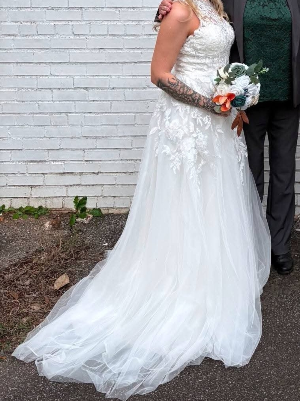 White Lace A-Line Wedding Dress with Tulle Train